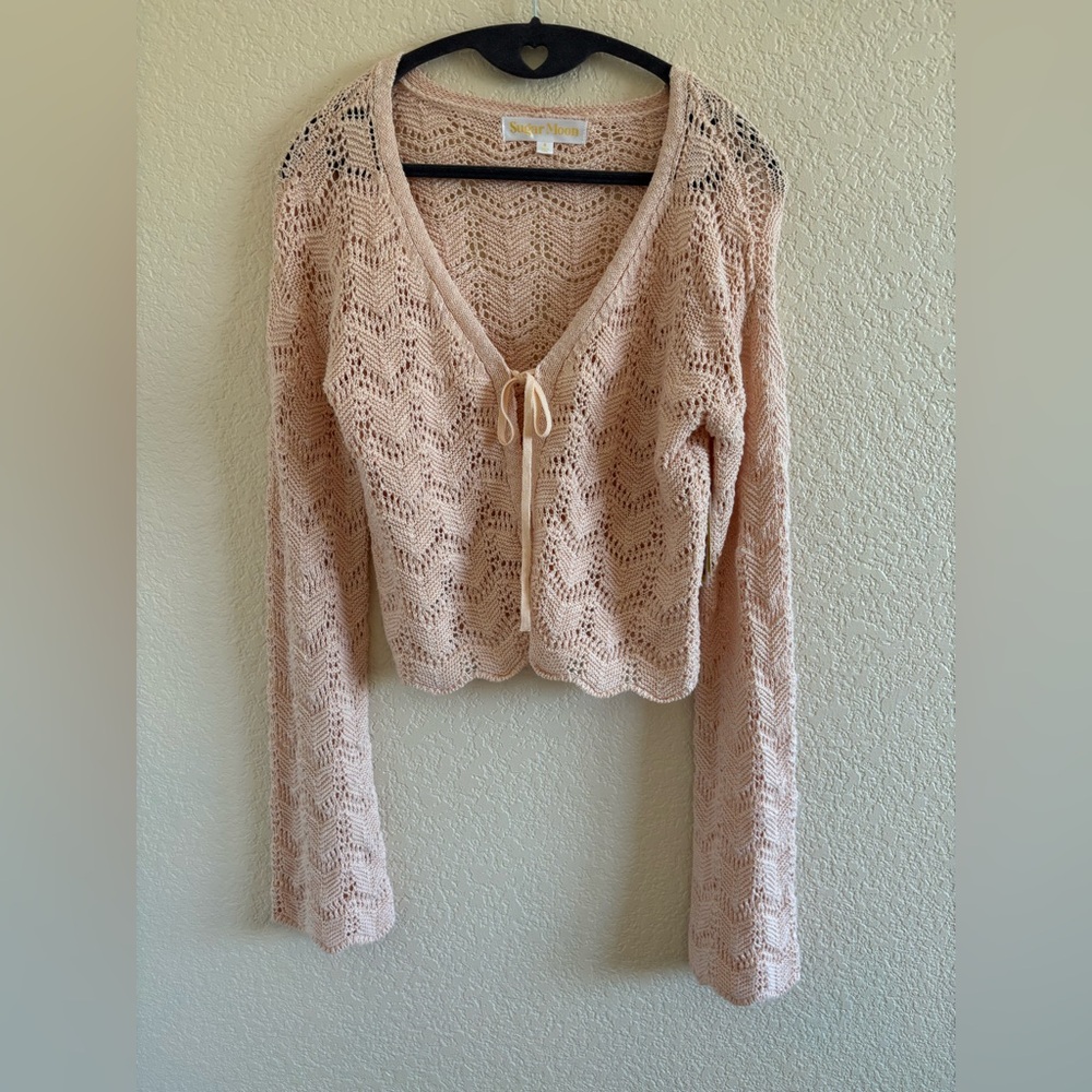 Sugar Moon Tie-Front Cropped Scalloped-Hem Cardigan